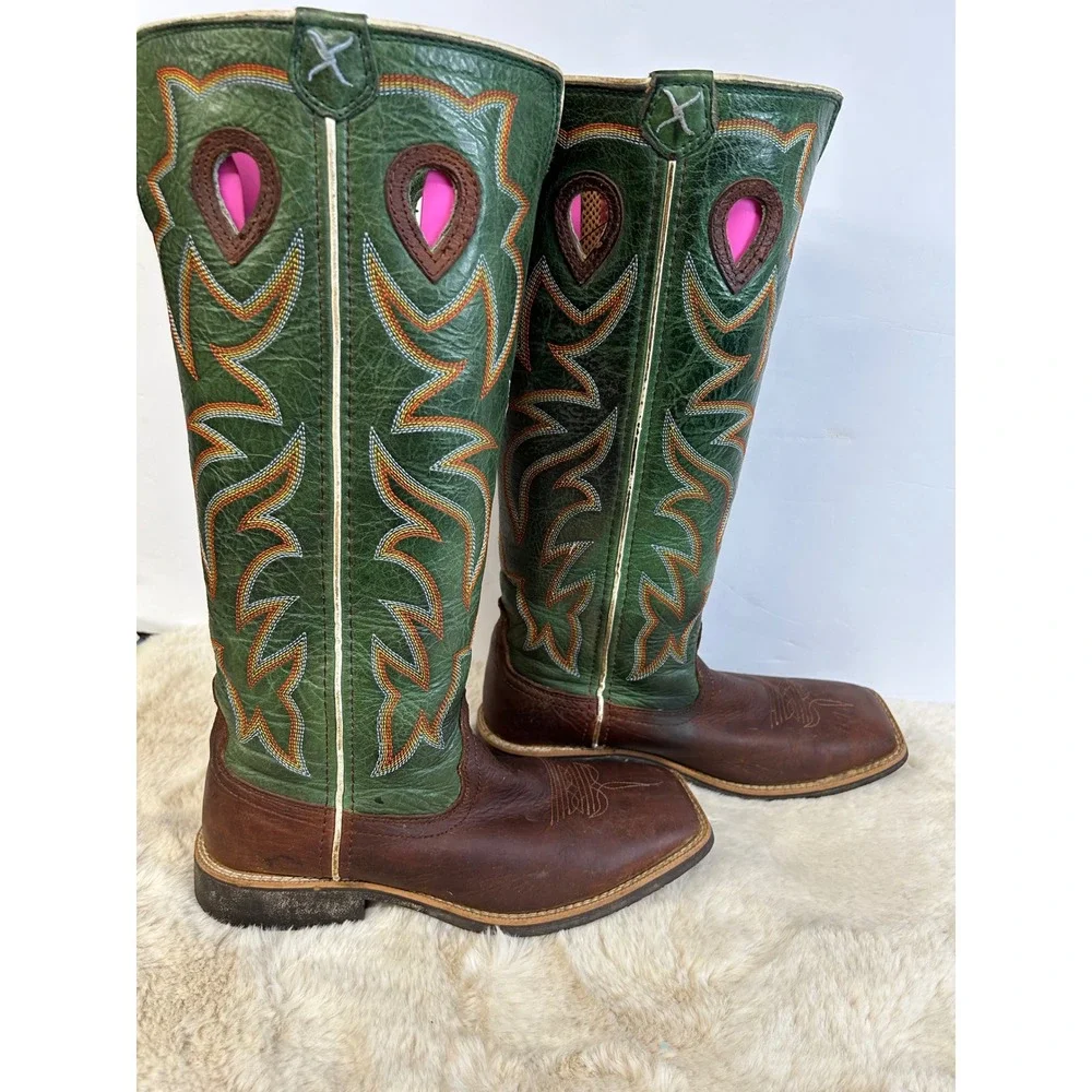 Twisted X Kids Ruff Stock Green Brown Leather Western Cowboy Boots YBK0005 4M
